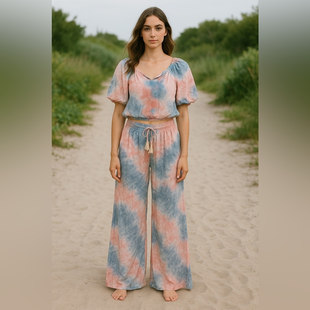 Tie-Dye Wide Leg Pants in Blue & Peach